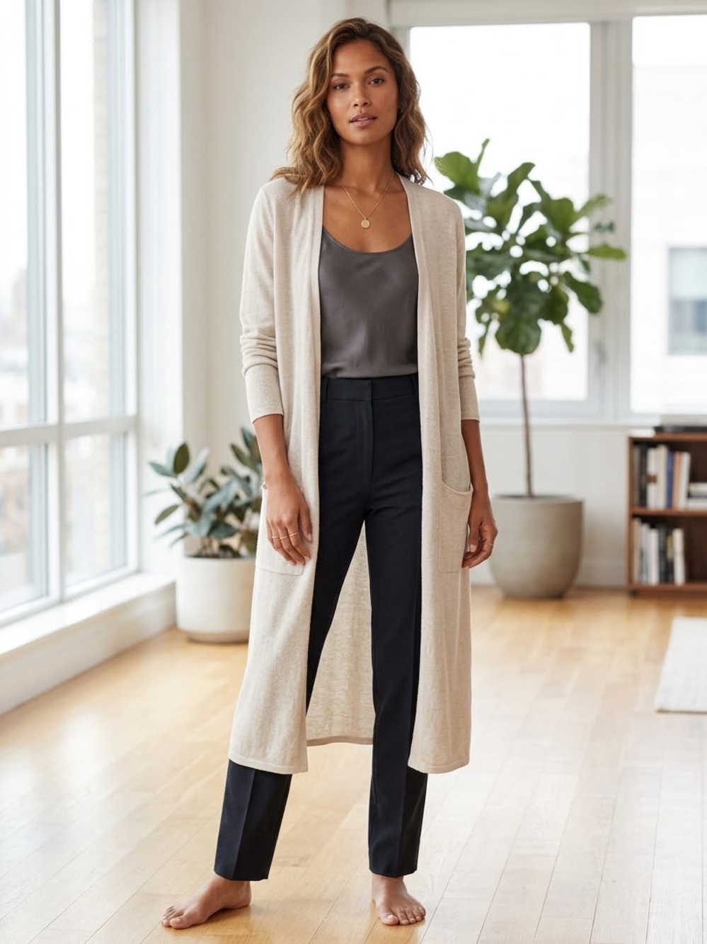 Eileen Fisher Organic Linen Bone Crepe Sparkle Long Open-Front Cardigan Size L